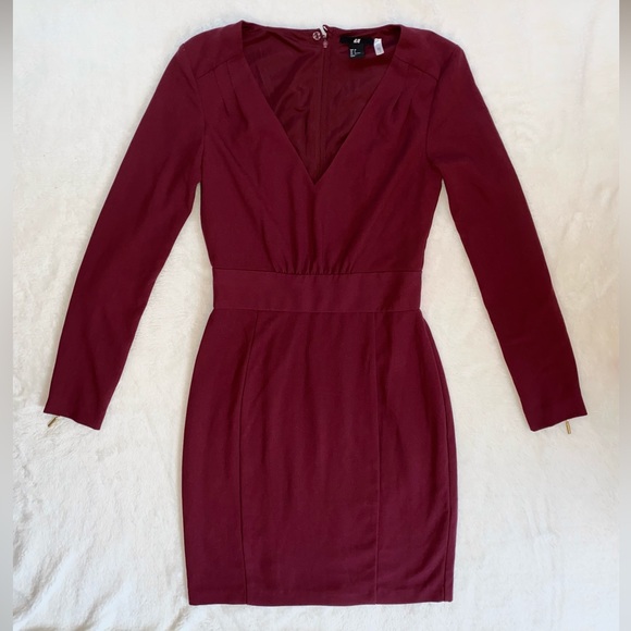 ❤️H&M Burgundy Red Long Sleeve Midi Dress - Picture 1 of 8